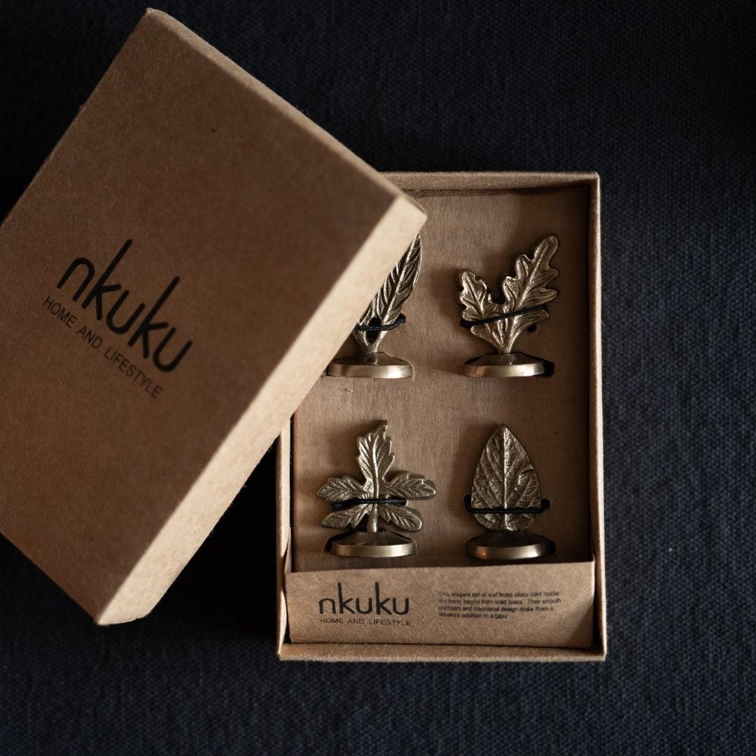 Nkuku Leaf Brass Place Card Holders (Set of 4)